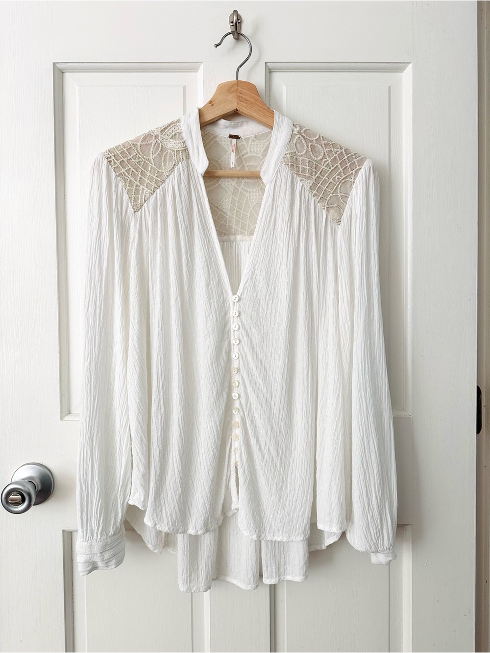 Free People Canyon Rose Blouse Button-Front Gold Lace Boho Victorian Size S